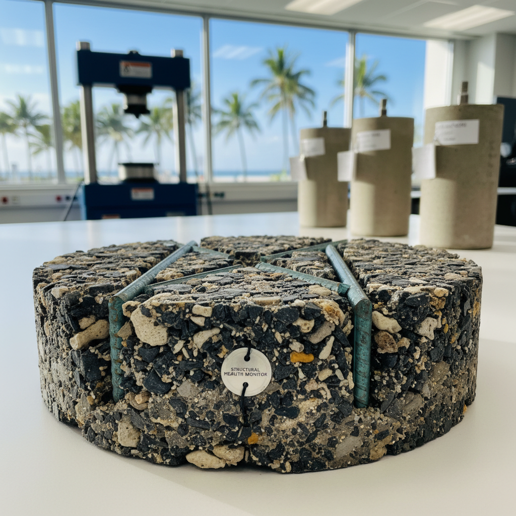 A dramatic photographic close-up of a cross-section of reinforced concrete designed for a coastal Hawaiian structure, displayed on a clean white lab table. The cut surface reveals dense gray aggregate, precisely arranged steel rebar with light corrosion protection coating, and a small embedded sensor for structural health monitoring. In the background, slightly out of focus, are labeled sample cylinders, a compression testing machine, and a large lab window framing a glimpse of palm trees and bright blue sky. Cool, even lab lighting combines with soft natural daylight, creating a crisp, analytical mood. Shot from an oblique angle with moderate depth of field, conveying professional, research-focused civil engineering education.