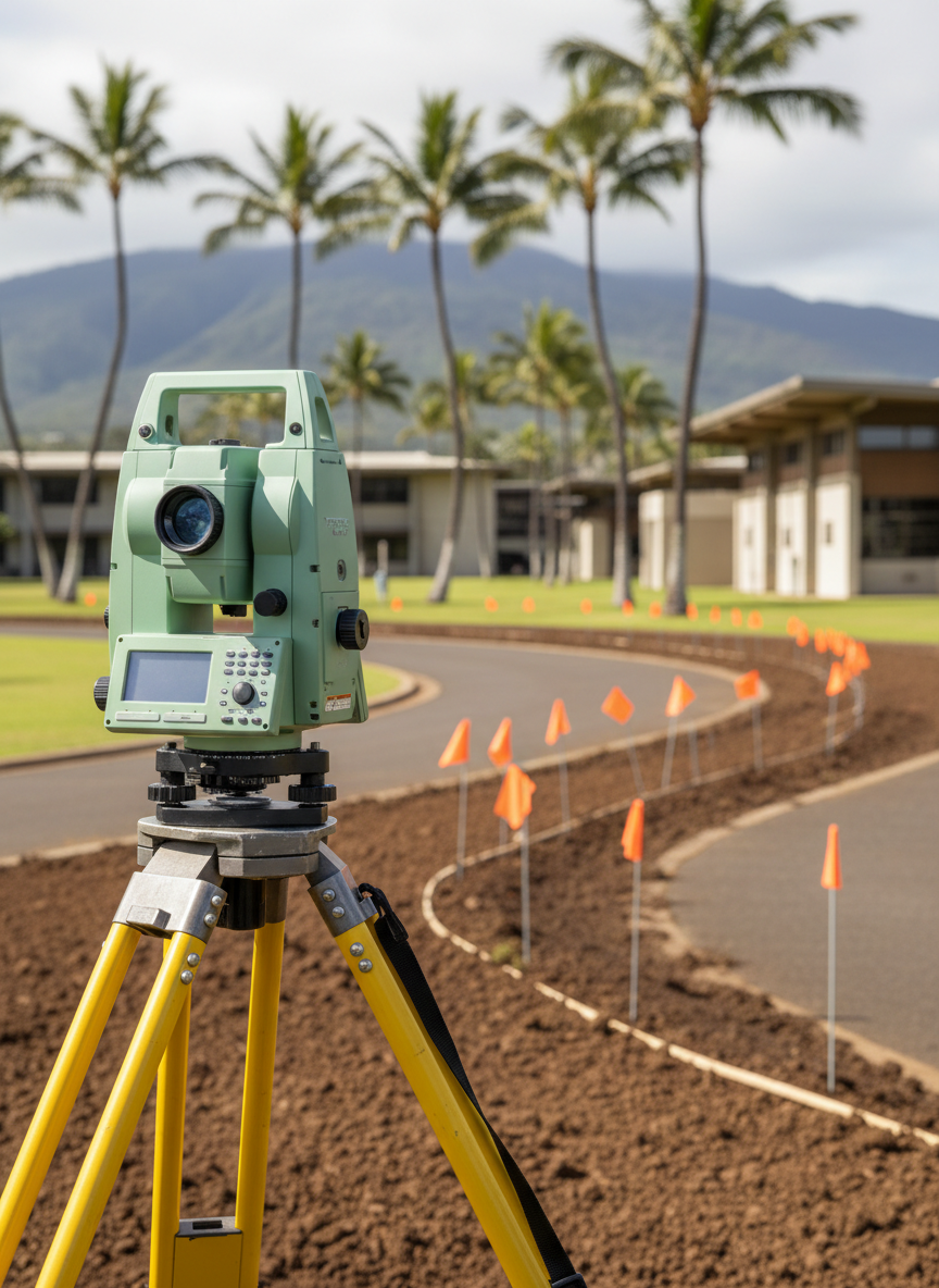 A close-up photographic scene of an outdoor civil engineering lab station at a Hawaiian college, featuring a total station surveying instrument mounted on bright yellow tripod legs planted firmly in compacted soil. The instrument’s mint-green body, precise lenses, and adjustment knobs are rendered in crisp detail. Behind it, orange survey flags mark a planned roadway alignment curving toward distant palm trees, with low-rise campus buildings and volcanic hills beyond. Warm, clear midday sunlight creates defined but soft-edged shadows and subtle highlights on metal surfaces. Captured from a slightly low angle with the total station in sharp focus and background gently blurred, the mood is technical, hands-on, and academically rigorous.