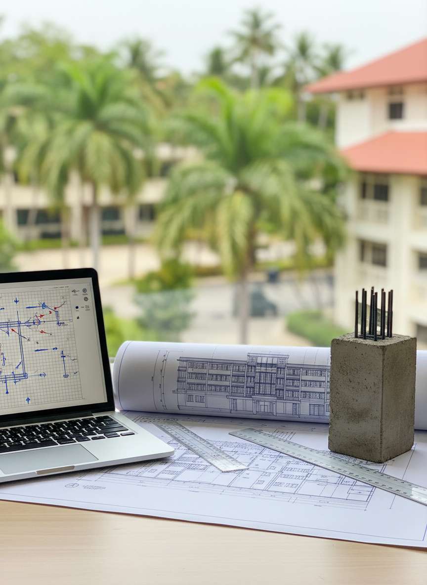 A clean, modern study desk setup devoted to civil engineering, featuring an open laptop displaying a structural analysis diagram beside a large printed blueprint of a multi-story concrete building. A scale model of a reinforced concrete column, with visible steel bars and textured gray surface, stands on the desk next to a metal ruler and clear drafting triangle. The desk surface is light wood, positioned near a window overlooking a tropical campus with palm trees and red-roofed buildings softly blurred. Bright, diffused daylight illuminates the scene, creating a calm, focused atmosphere. Photographic realism, eye-level composition, and a shallow depth of field keep attention on the educational materials without any human presence.